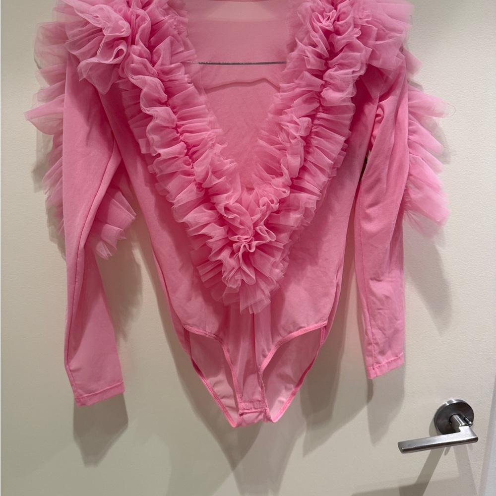 Pink Ruffled Tulle Long Sleeve Bodysuit